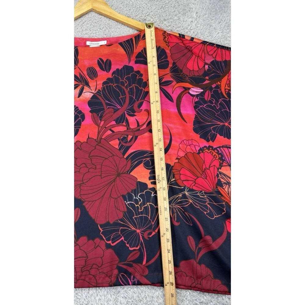 Chico's Red Floral Chiffon Poncho Top Women L/XL Sheer Pullover Boho Overlay - Picture 9 of 10